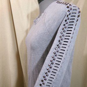 MAX JEANS Terry Sweatshirt XS Gray Studded Caged sleeve Raglan scoop neck Trendy